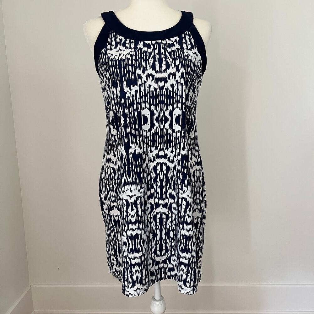 Jude Connally Dress Small Navy White Shift Sleeveless Stretch Travel